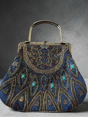 Vintage Beaded Evening Bag Blue Jeweled Frame Purse Art Deco Boho Statement Hbag